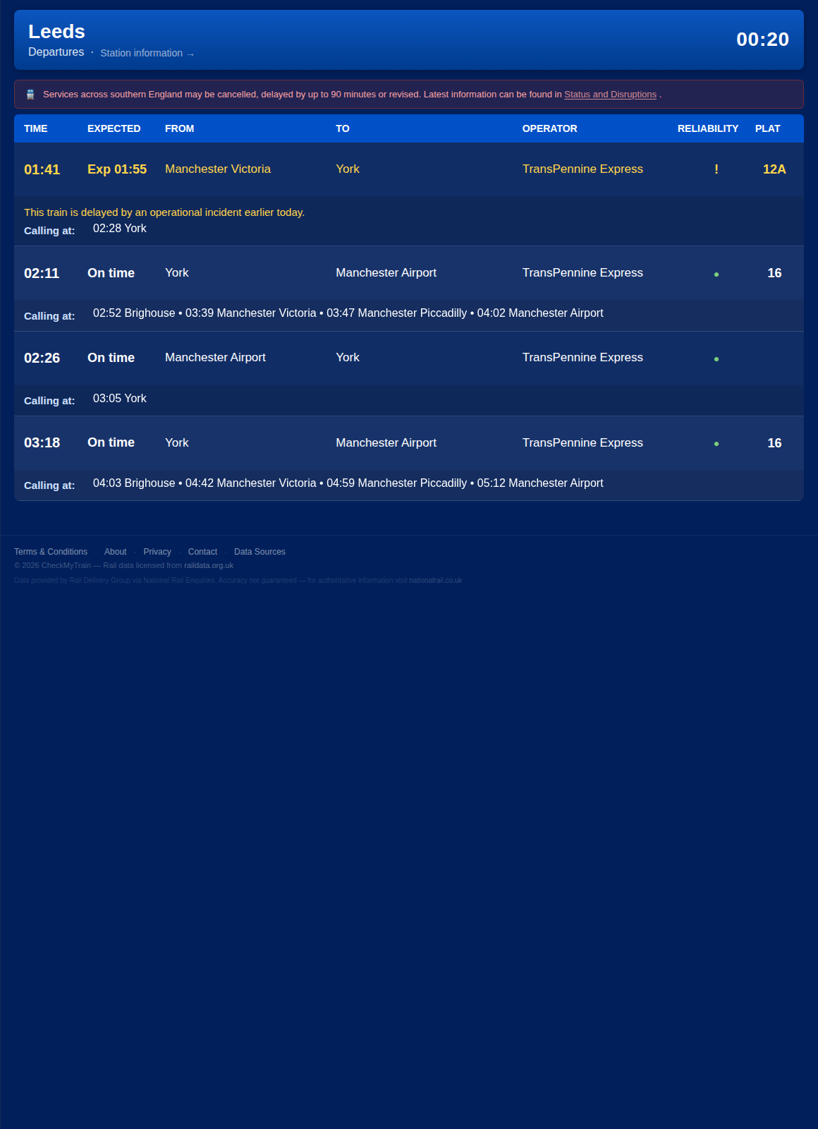 Live departure board screenshot